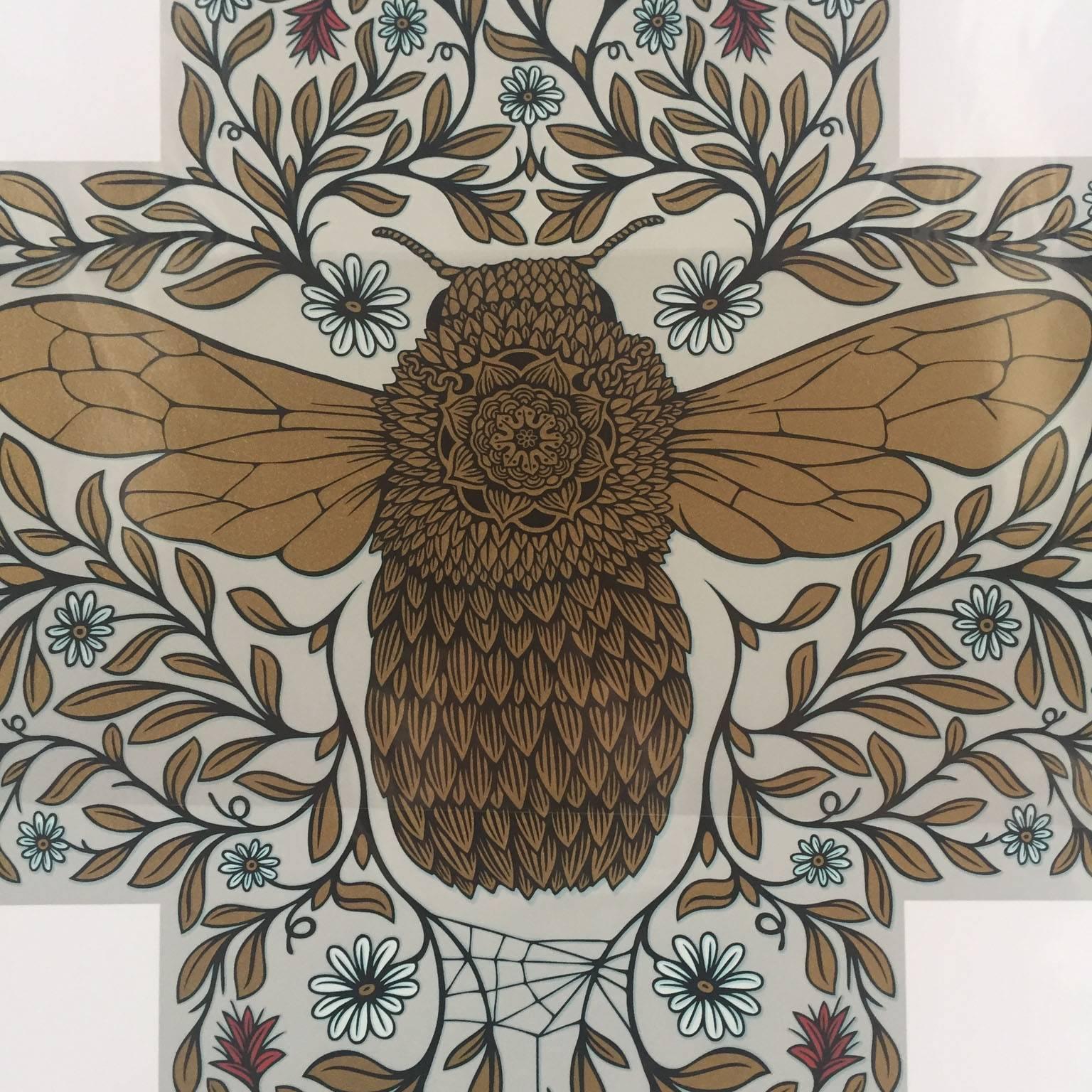 Ape (grande), Andy Wilx, Stampa animale, Arte oro e blu, Stampa ape, Cross Art in vendita 2