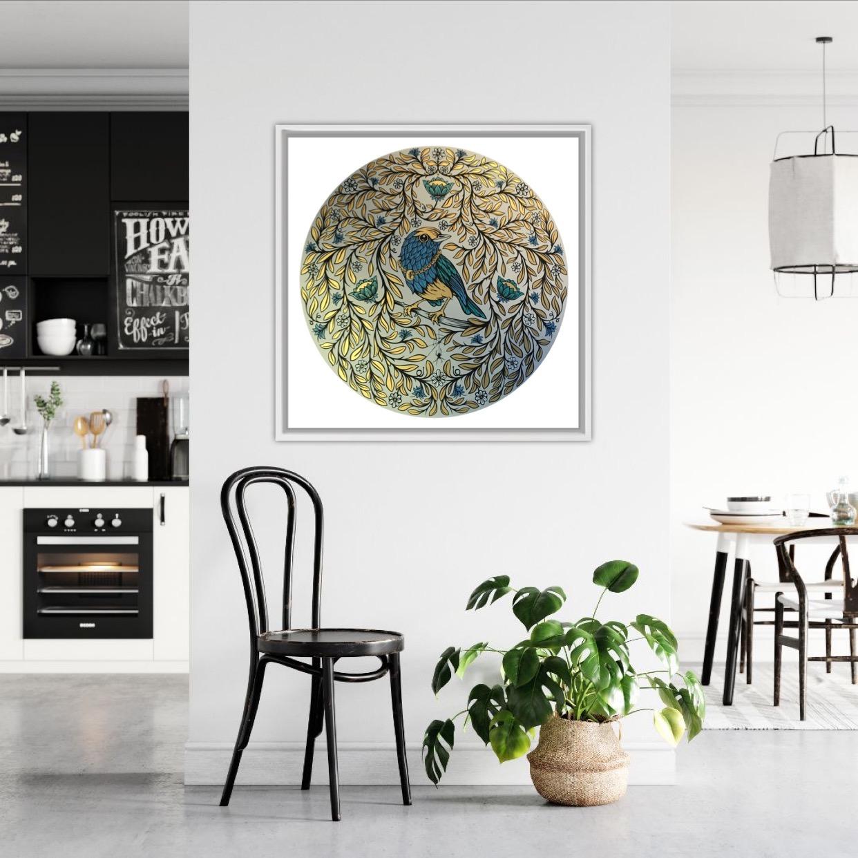'Blue Bird' is a limited edition seven colour screen print by Andy Wilx printed in rich gold and pearlised inks. This work is in an edition of 25 and is sold unframed. This piece features a blue bird sat on a branch surrounded by gold leaves and