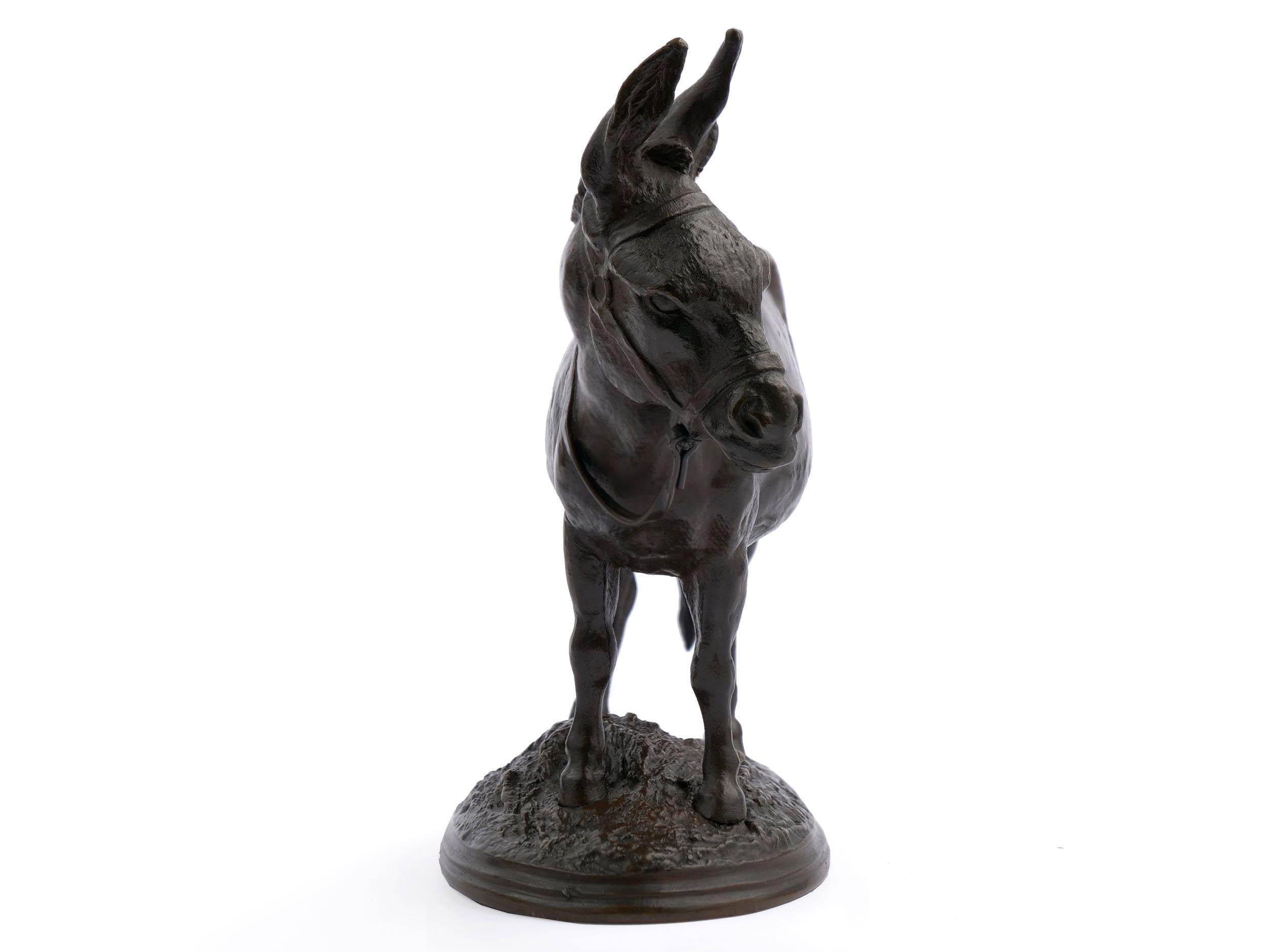 A rare and exquisite model of an African Donkey by Auguste Nicholas Cain, this very finely detailed model is one of two variations Cain developed for this work, one with the donkey carrying a woven basket strapped across its back and the present