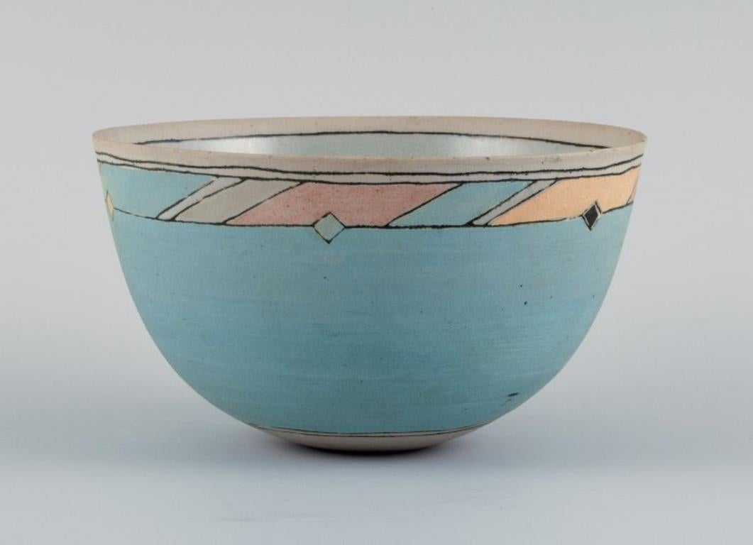 Danish Ane-Katrine von Bülow. Unique bowl in turquoise with geometric fields. For Sale
