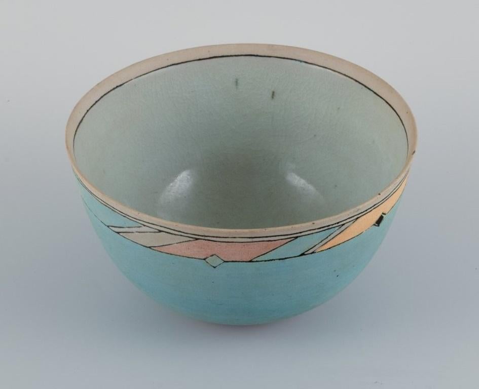 Glazed Ane-Katrine von Bülow. Unique bowl in turquoise with geometric fields. For Sale