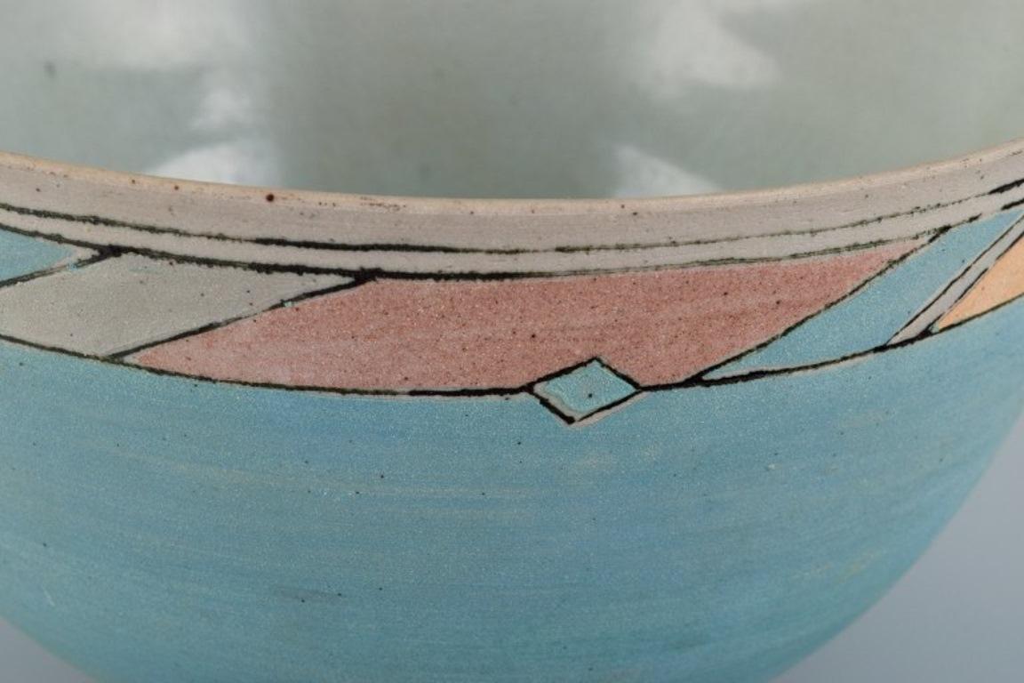 Ane-Katrine von Bülow. Unique bowl in turquoise with geometric fields. In Excellent Condition For Sale In Copenhagen, DK
