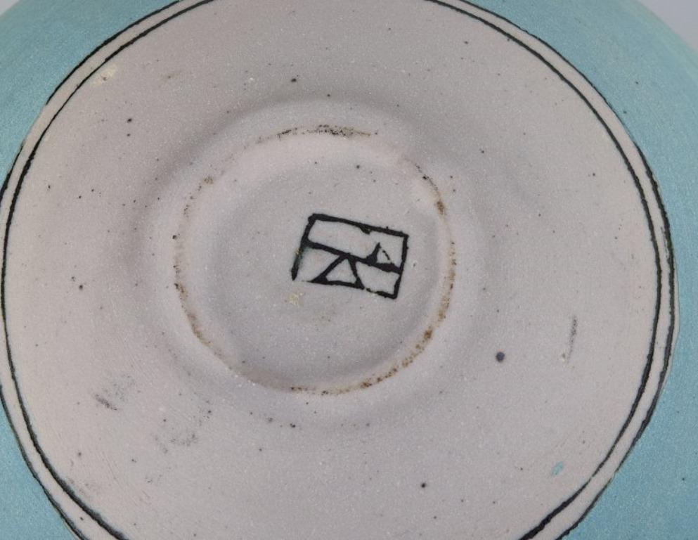 Ceramic Ane-Katrine von Bülow. Unique bowl in turquoise with geometric fields. For Sale