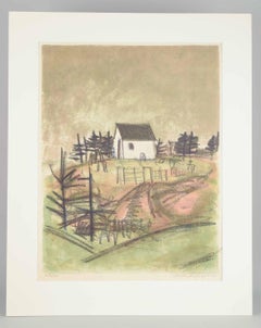 Anelise Søndergaard. Farblithographie auf Papier. Weißes Haus auf einer Bergkuppe.