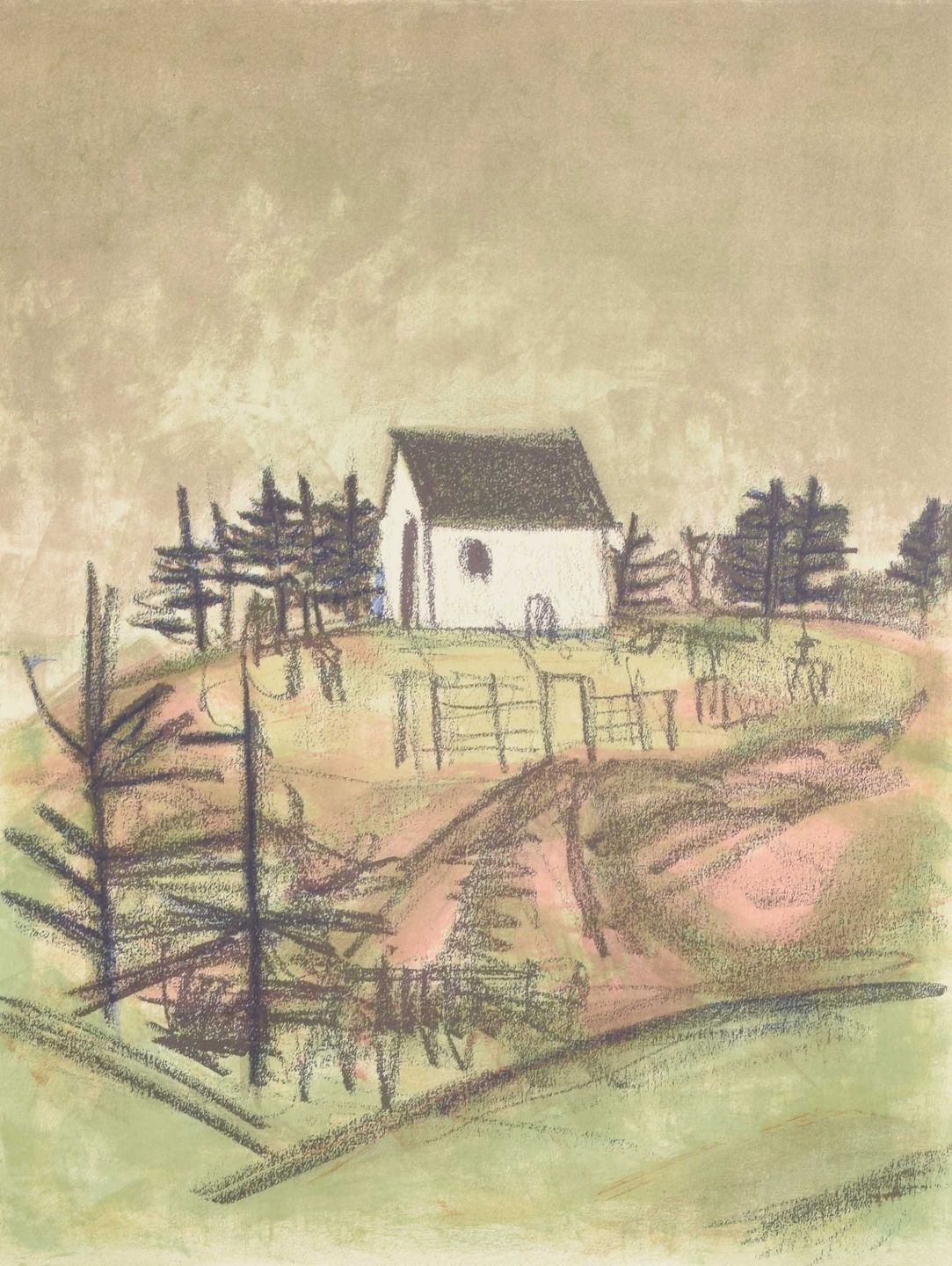 Anelise Søndergaard. Farblithographie auf Papier. Weißes Haus auf einer Bergkuppe. im Angebot