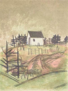 Anelise Søndergaard. Farblithographie auf Papier. Weißes Haus auf einer Bergkuppe.