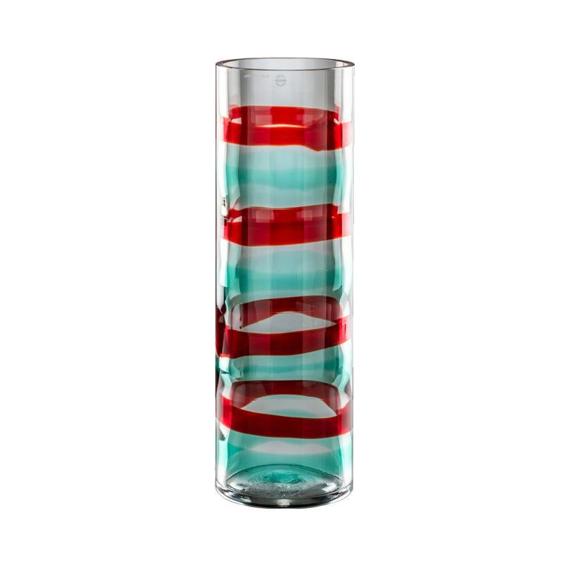 Anelli Crystal Glass with Mint Green & Red Bands by Venini Riedizione For Sale