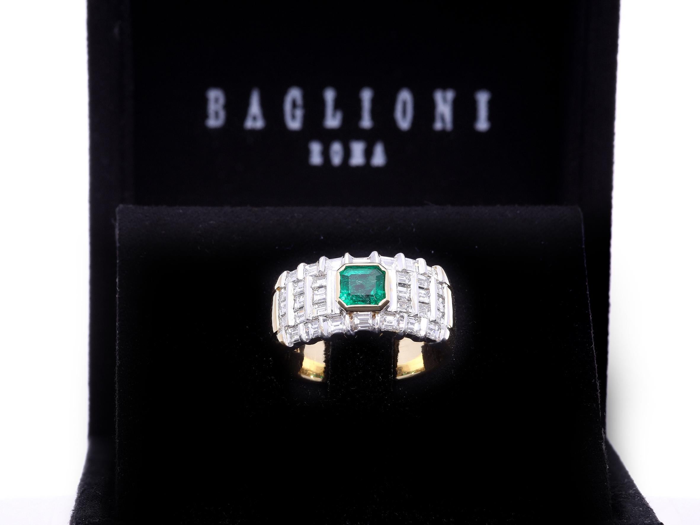 Ring is a band model, with a central octagonal-cut emerald, whose weight is ct 0.75.
The emerald is surrounded by thirty-two emerald-cut diamonds, whose total weight is ct 1.45.
The emerald is deep in color, and being surrounded by diamonds of the