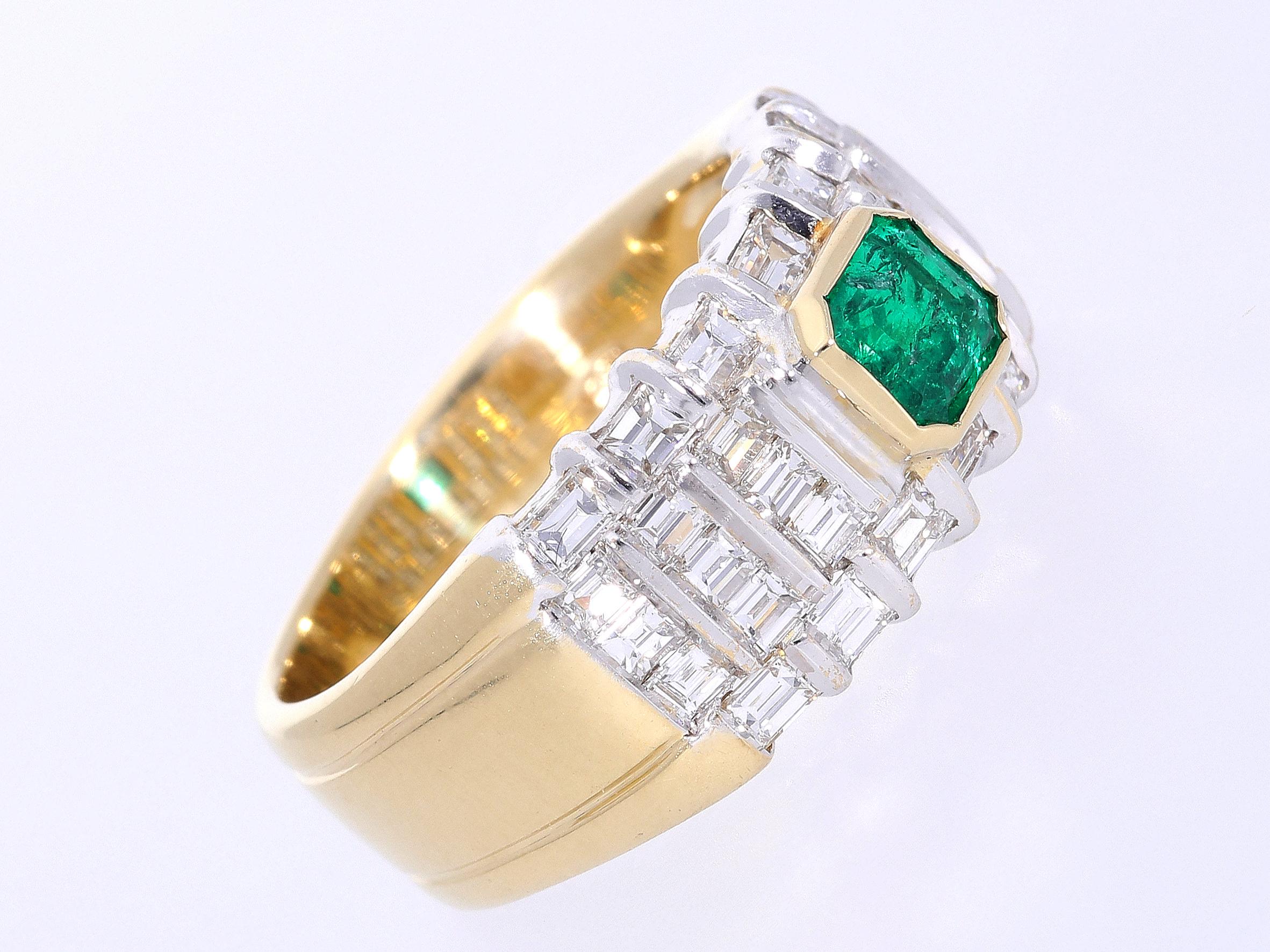 Octagon Cut Band Ring with Central Emerald ct 0.75 and Diamonds ct 1.45 in 18 Kt Gold For Sale