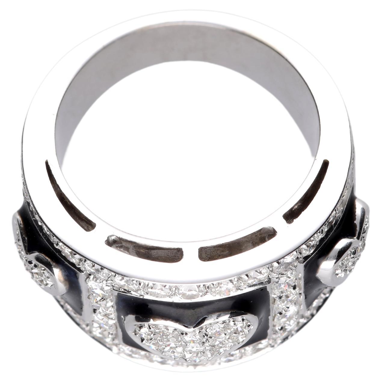 Anello a fascia con tre cuori con pavè di diamanti : ct 1.64, smalto e oro 18 Kt en vente 1