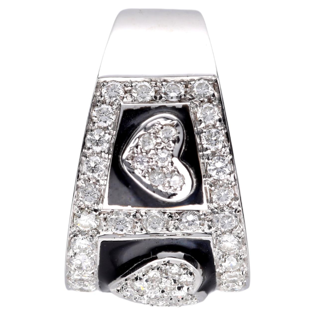 Anello a fascia con tre cuori con pavè di diamanti : ct 1.64, smalto e oro 18 Kt en vente 2