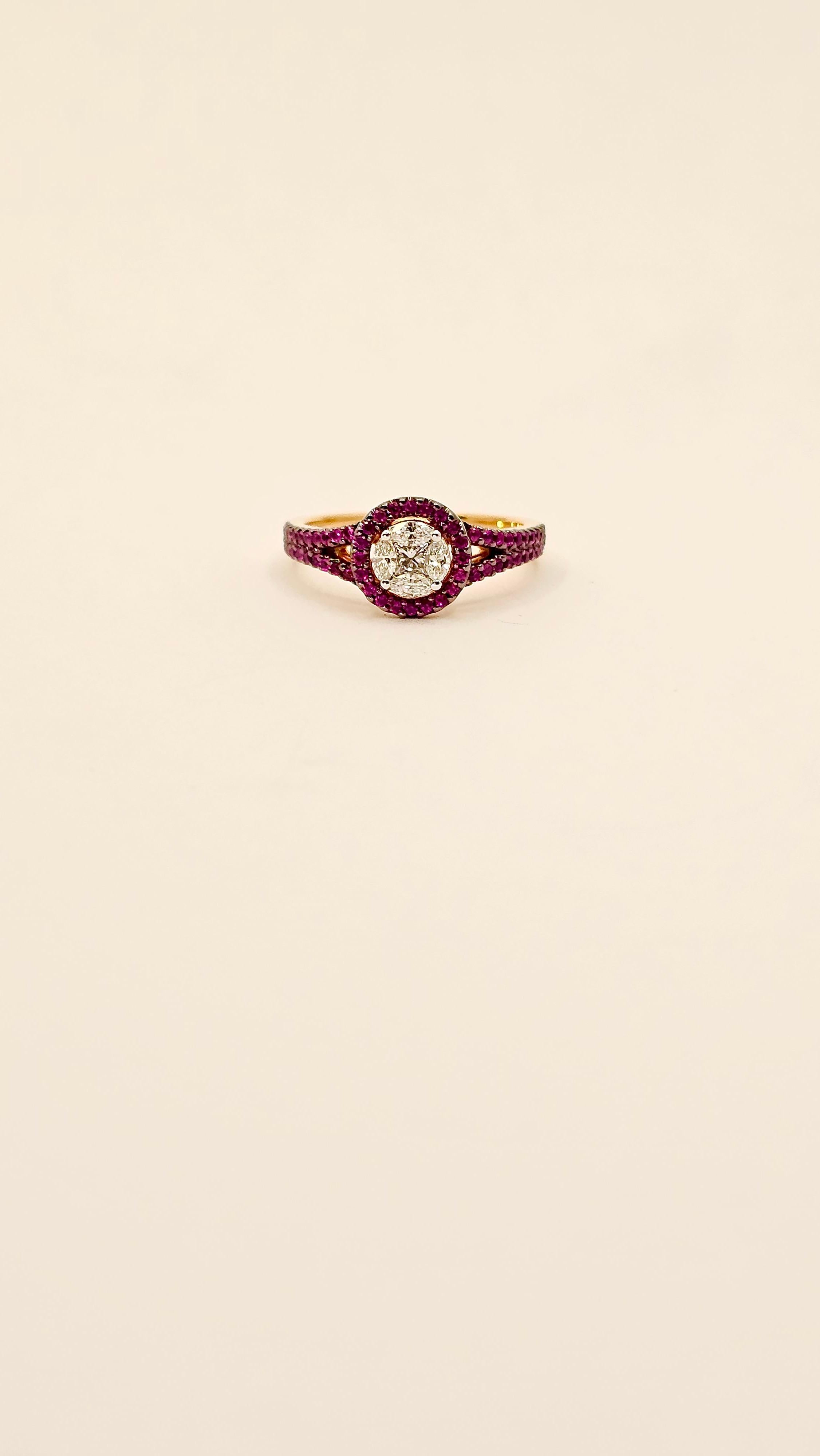Women's or Men's Anello a Fascia in Oro 18 Kt, Diamanti e Rubini