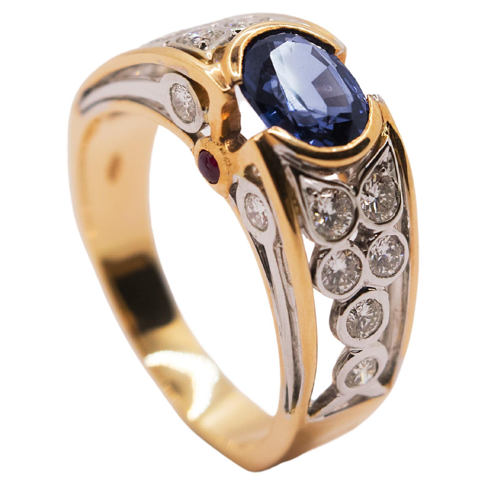 18 Kt Rose and White Gold Band Ring , Diamonds and Oval Sapphire Sapphire