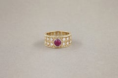 18K Yellow Gold Filigree Band Ring with Ruby and Diamonds, Circa 1980