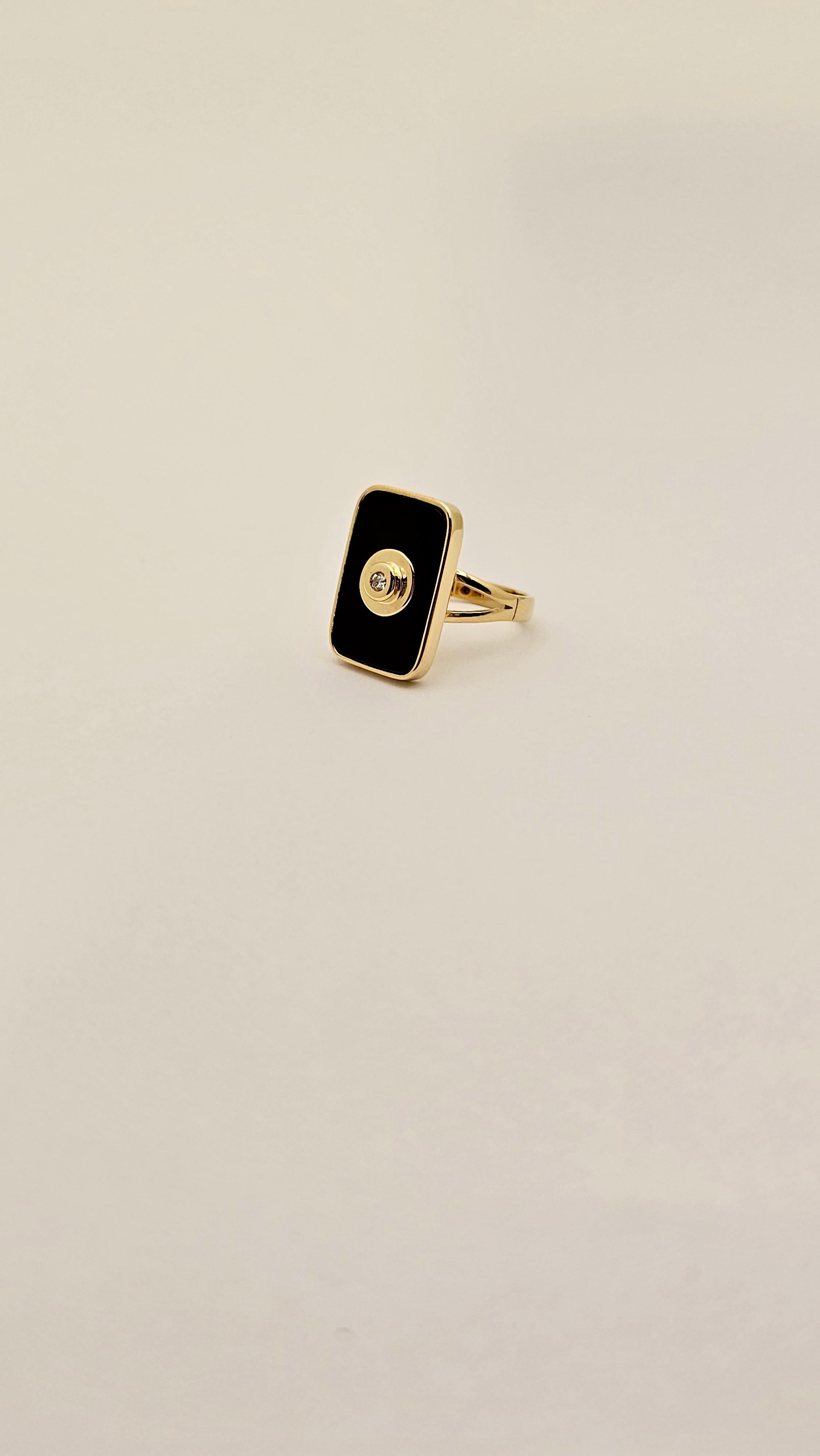 Artist 1970s Ring in Yellow Gold, Diamond and Onyx For Sale