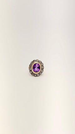Antique Ring in 18K Yellow Gold, Amethyst and Diamonds. Artisanal