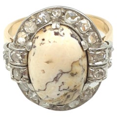 Anello Art Nouveau in oro 18k con rosette di diamanti e agata dendritica