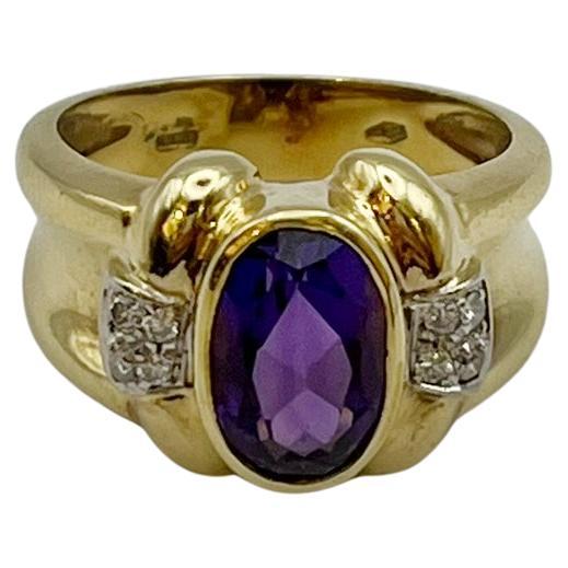 Anello artigianale a fascia in oro con ametista e diamanti - Pezzo unico