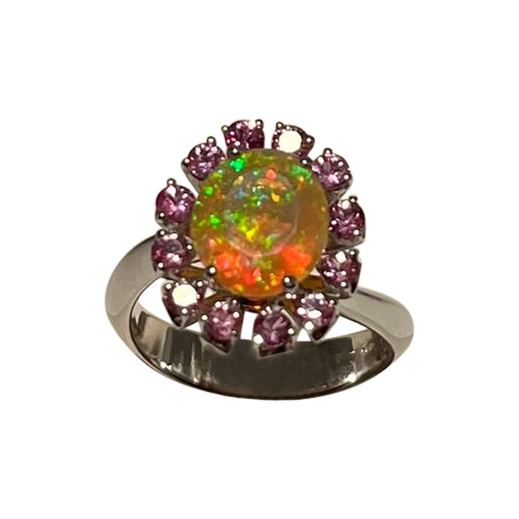 Anello artigianale in oro bianco con opale 2.02 ct. e zaffiri rosa 1.05 ct. For Sale