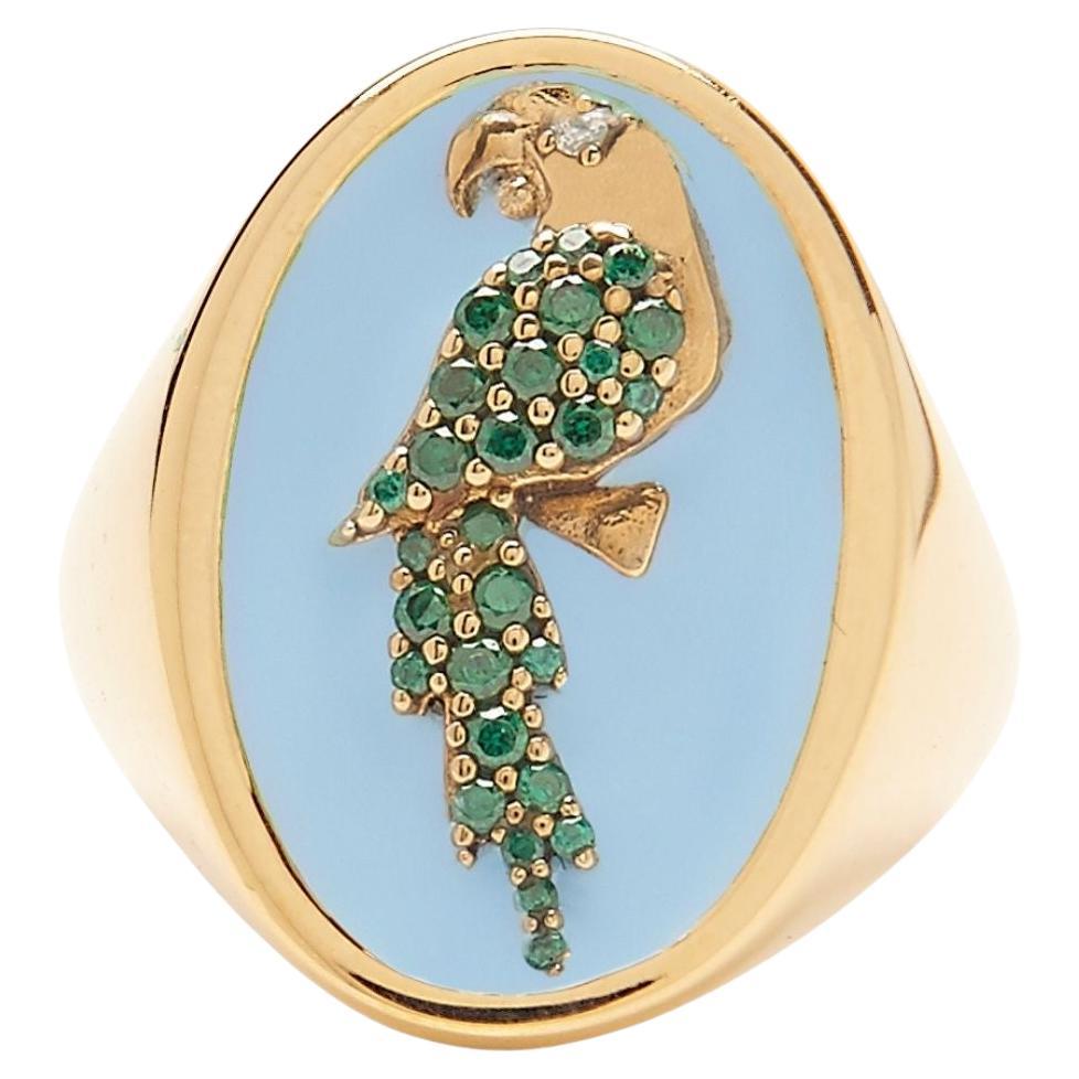 Blue Enameled Parrot Chevalier Ring For Sale