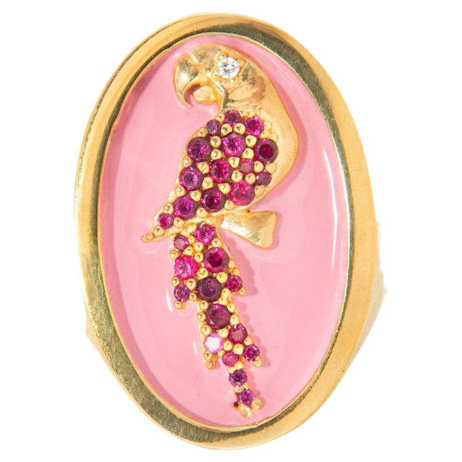 Pink Enameled Parrot Chevalier Ring For Sale