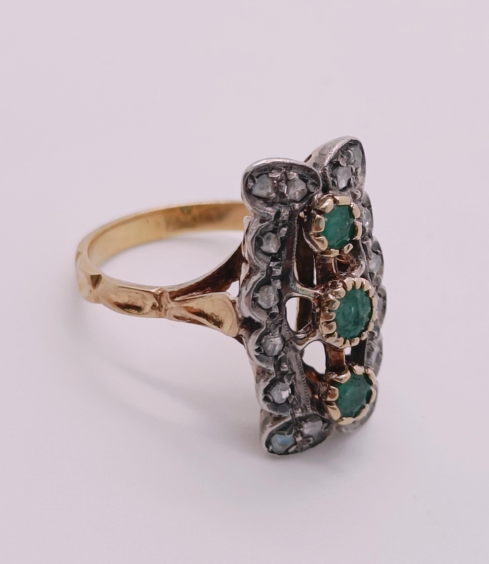 1920s antique cocktail ring with 18k yellow gold shank and 925 sterling silver head.
Unique handcrafted piece
Handcrafted stem, refined style and durable.
Handcrafted head, rectangular shape with natural antique-cut diamonds, antique-cut
