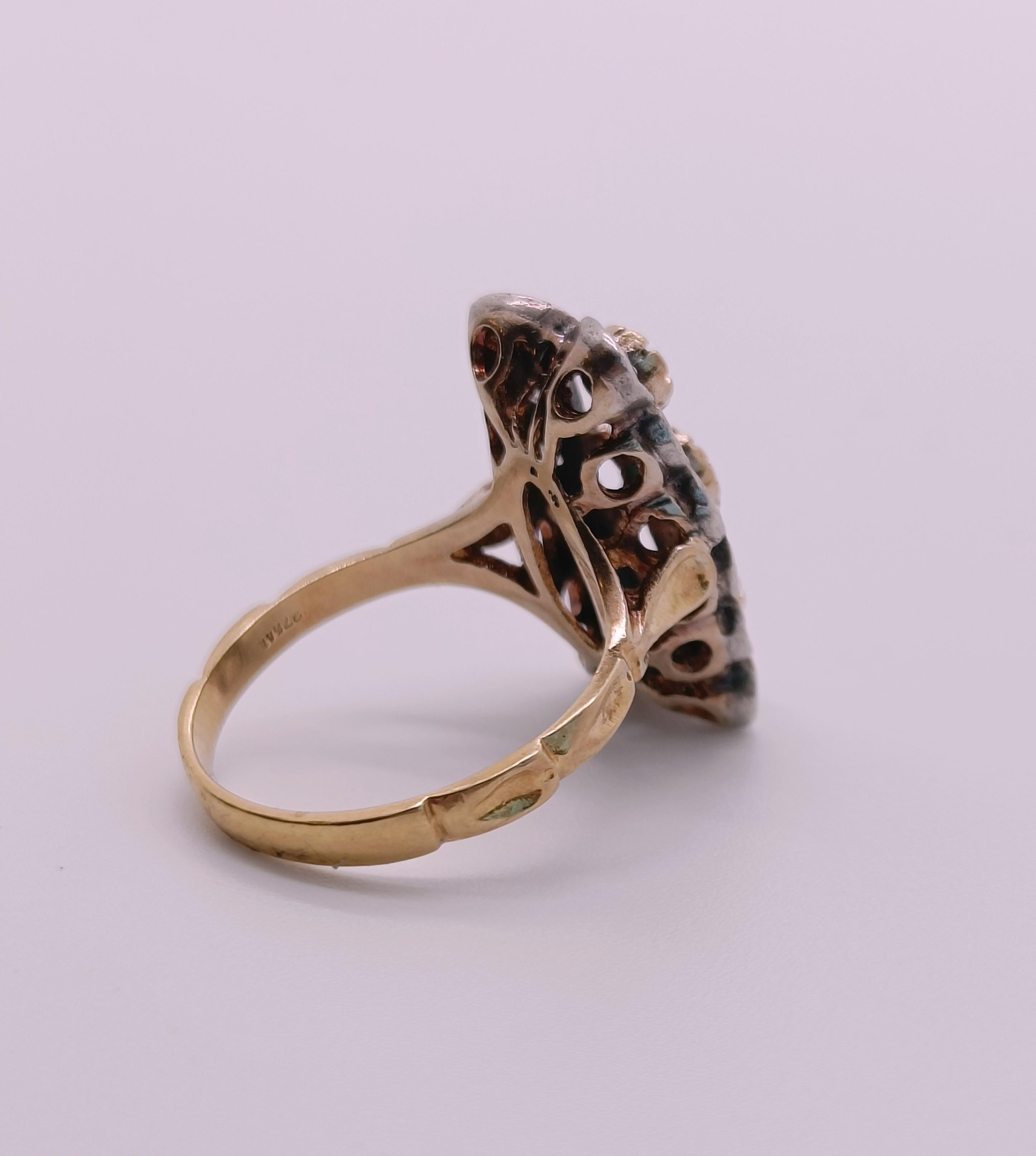 Old European Cut Original antique cocktail ring with emeralds and diamonds in gold For Sale