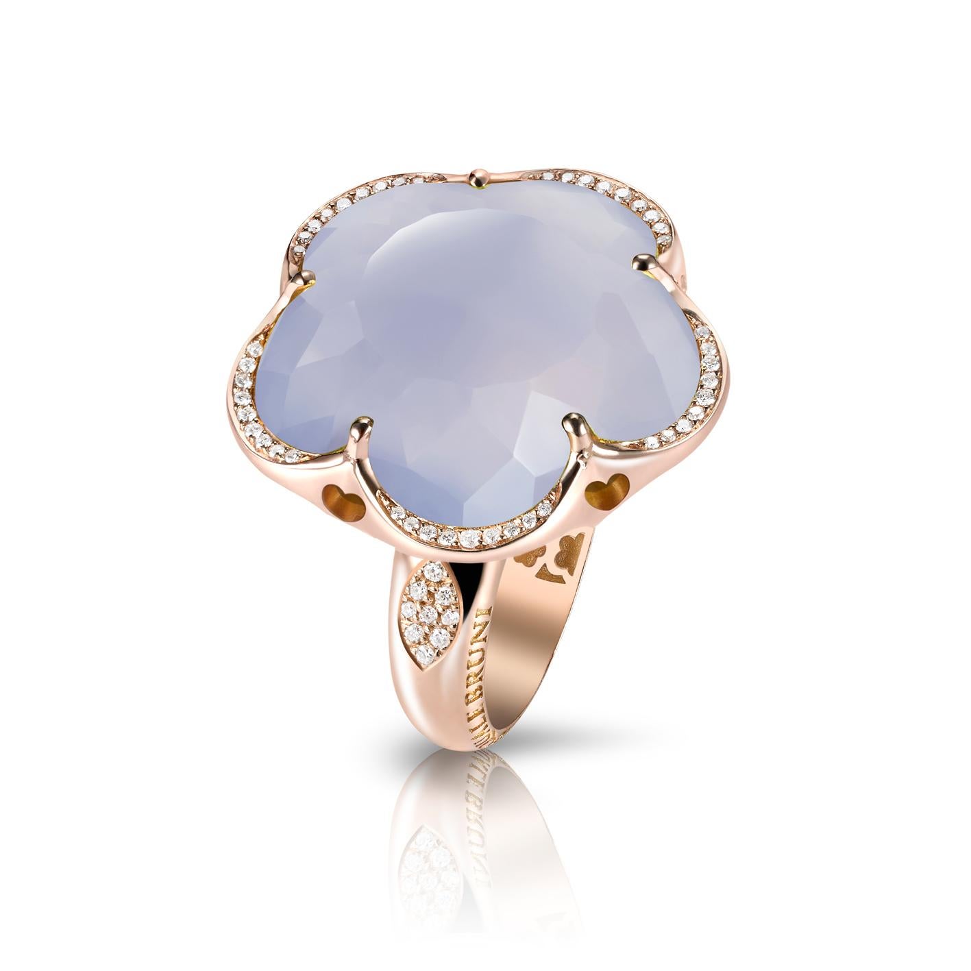 Cabochon Bon Ton cocktail ring in 18ct Rose Gold with Azure Chalcedony and Diamonds For Sale