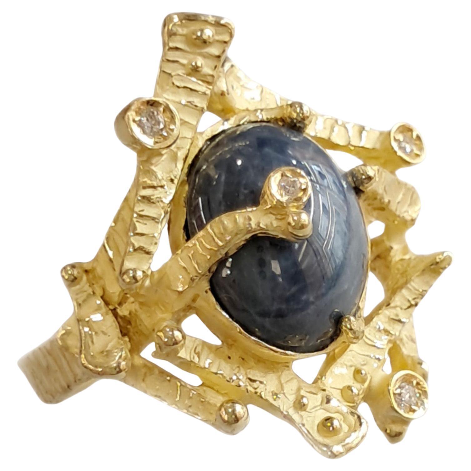 18KT Yellow Gold "Steps" Collection Ring with Star Sapphire and Diamonds