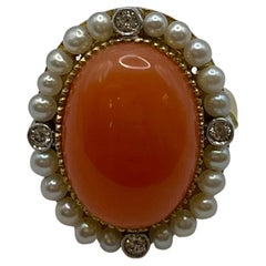 Ring with Japanese coral and akoya pearls