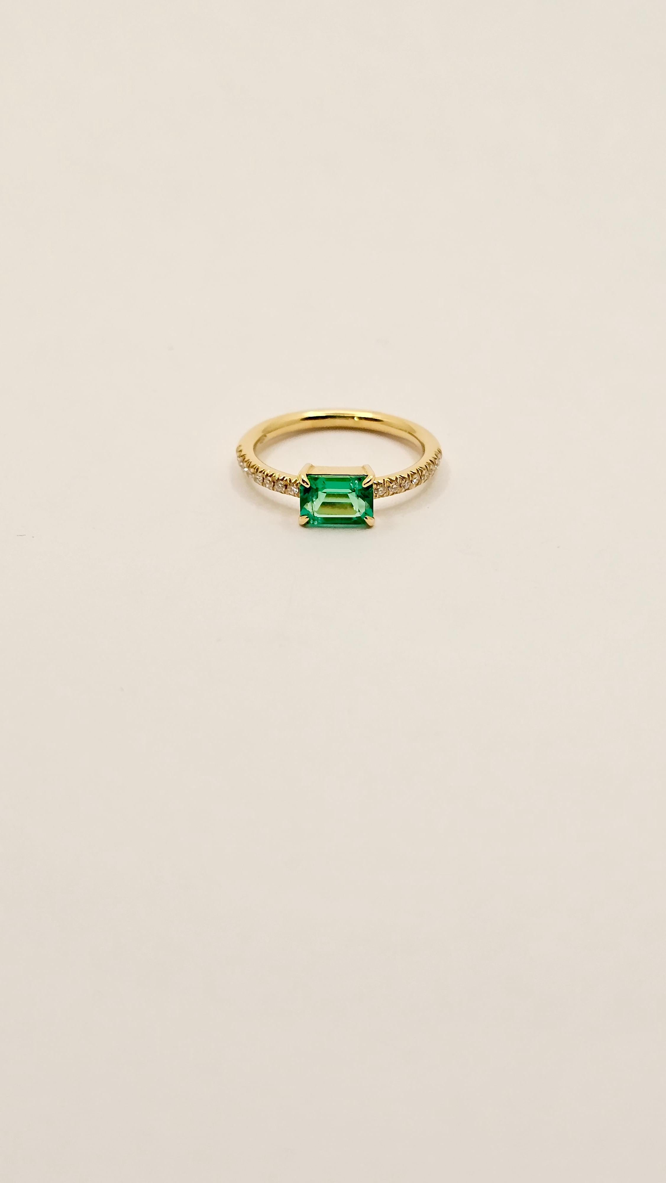 Emerald Cut Emerald and Diamond Ring in 18Kt Yellow Gold For Sale