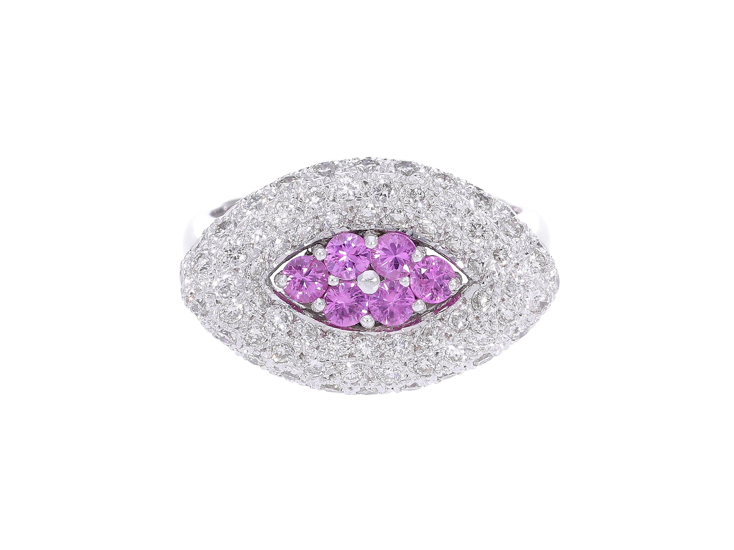 Ring with Pink Sapphires and Diamonds in 18kt Gold For Sale 5