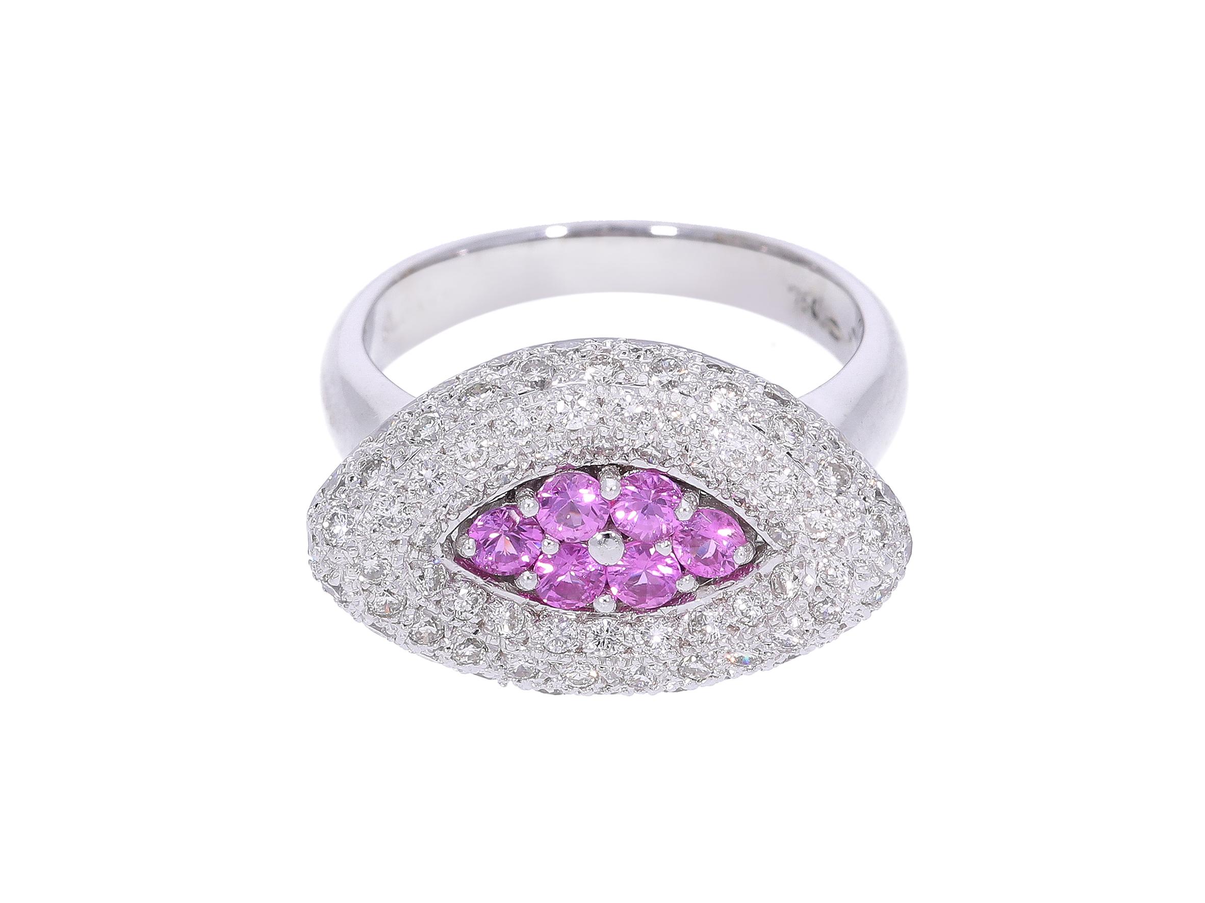 Ring with Pink Sapphires and Diamonds in 18kt Gold For Sale 7