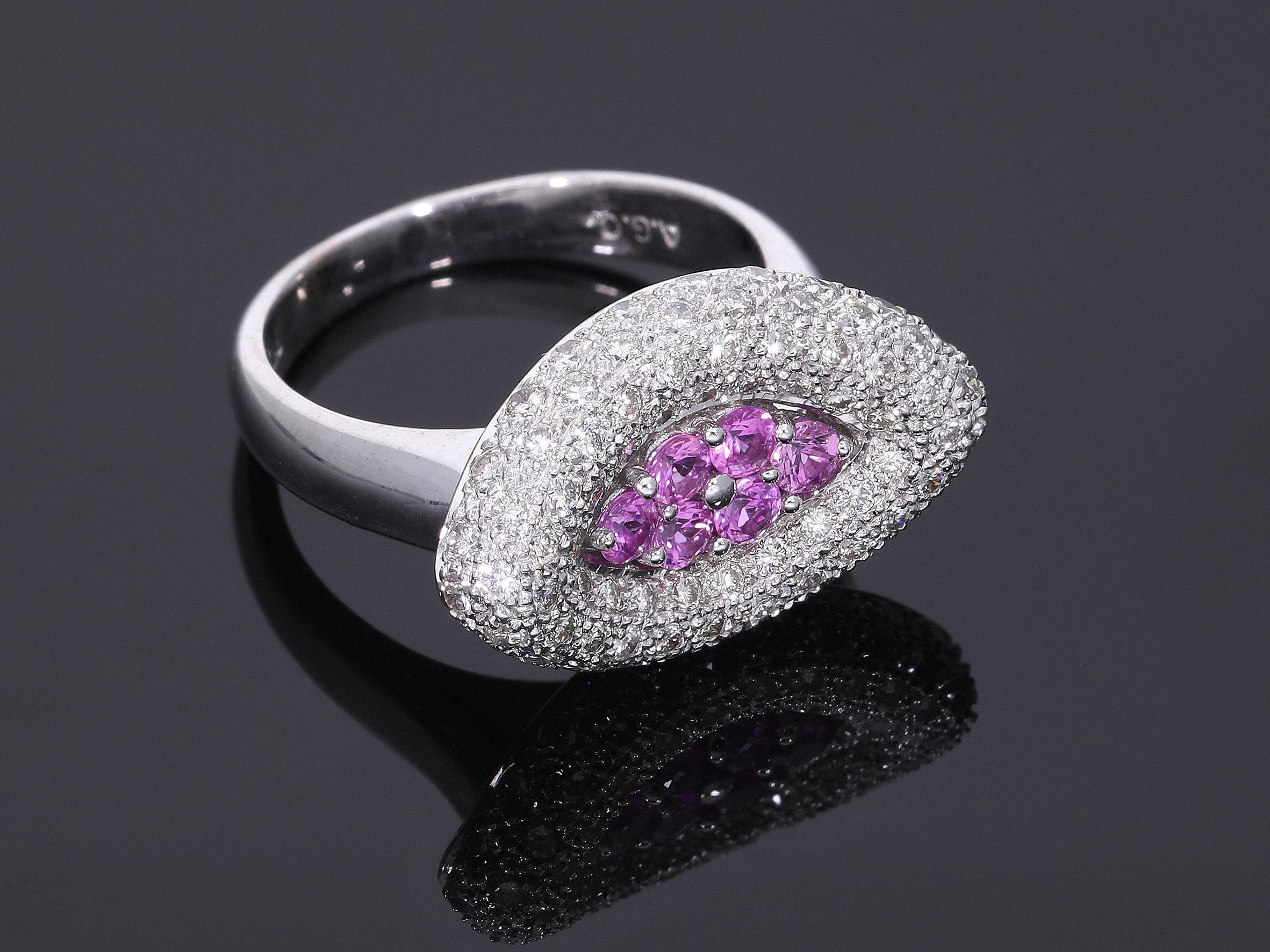 Ring with Pink Sapphires and Diamonds in 18kt Gold For Sale 9