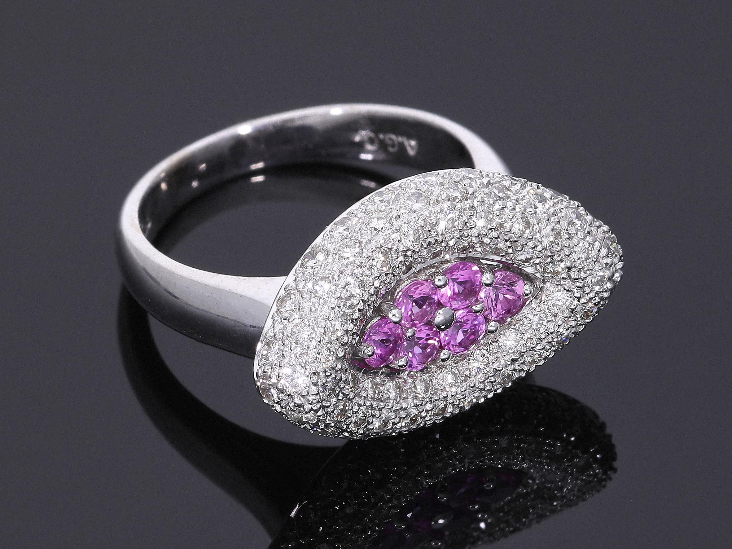 Ring with Pink Sapphires and Diamonds in 18kt Gold For Sale 10