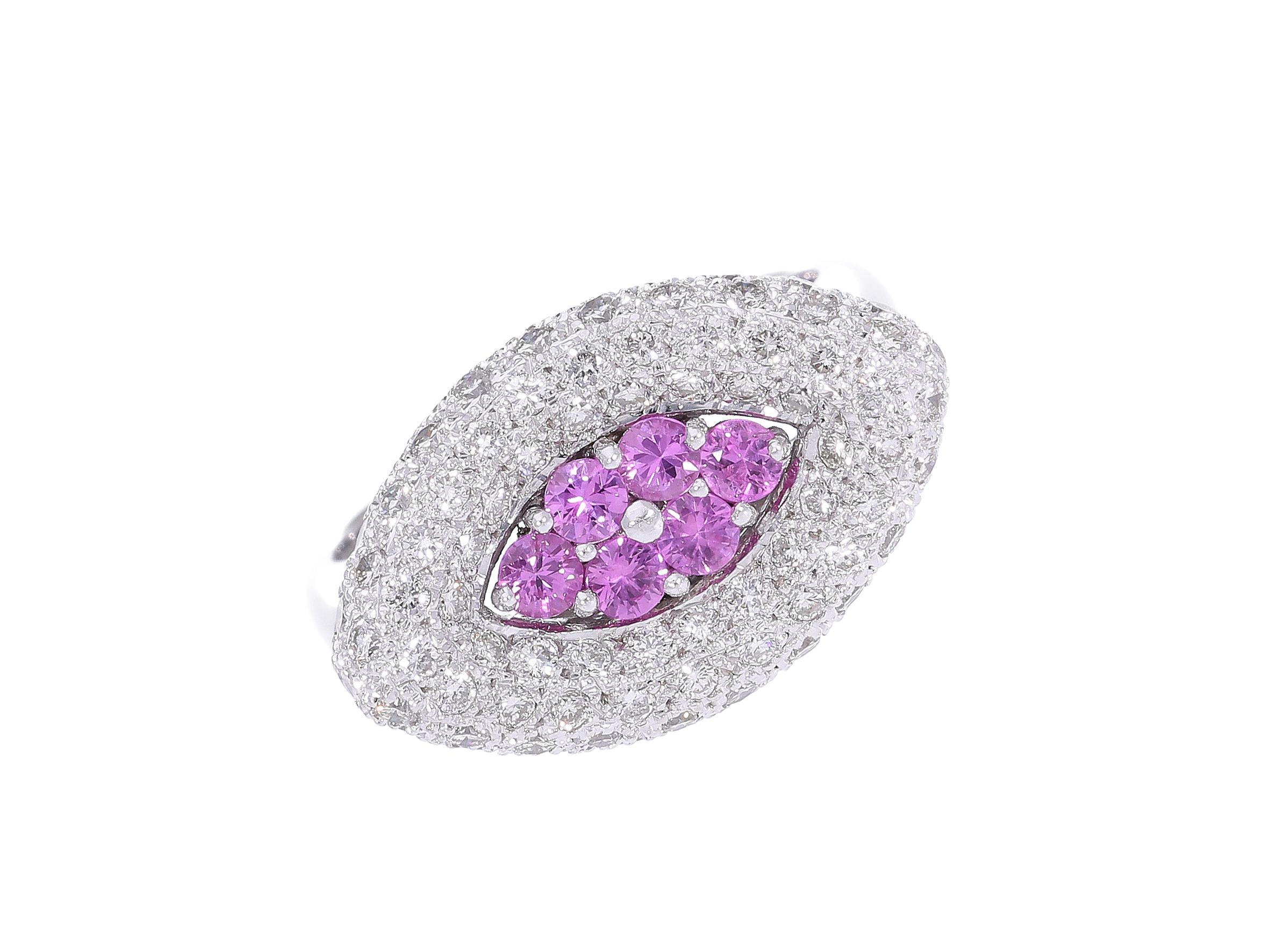 The ring has a romantic gondola shape on which eighty-three Diamonds, with a total carat setting of about one carat, are pavé-set.
Six pink colored Sapphires are set in the center of the ring.
The frame is made of 18 kt white gold. 

Total Carat of