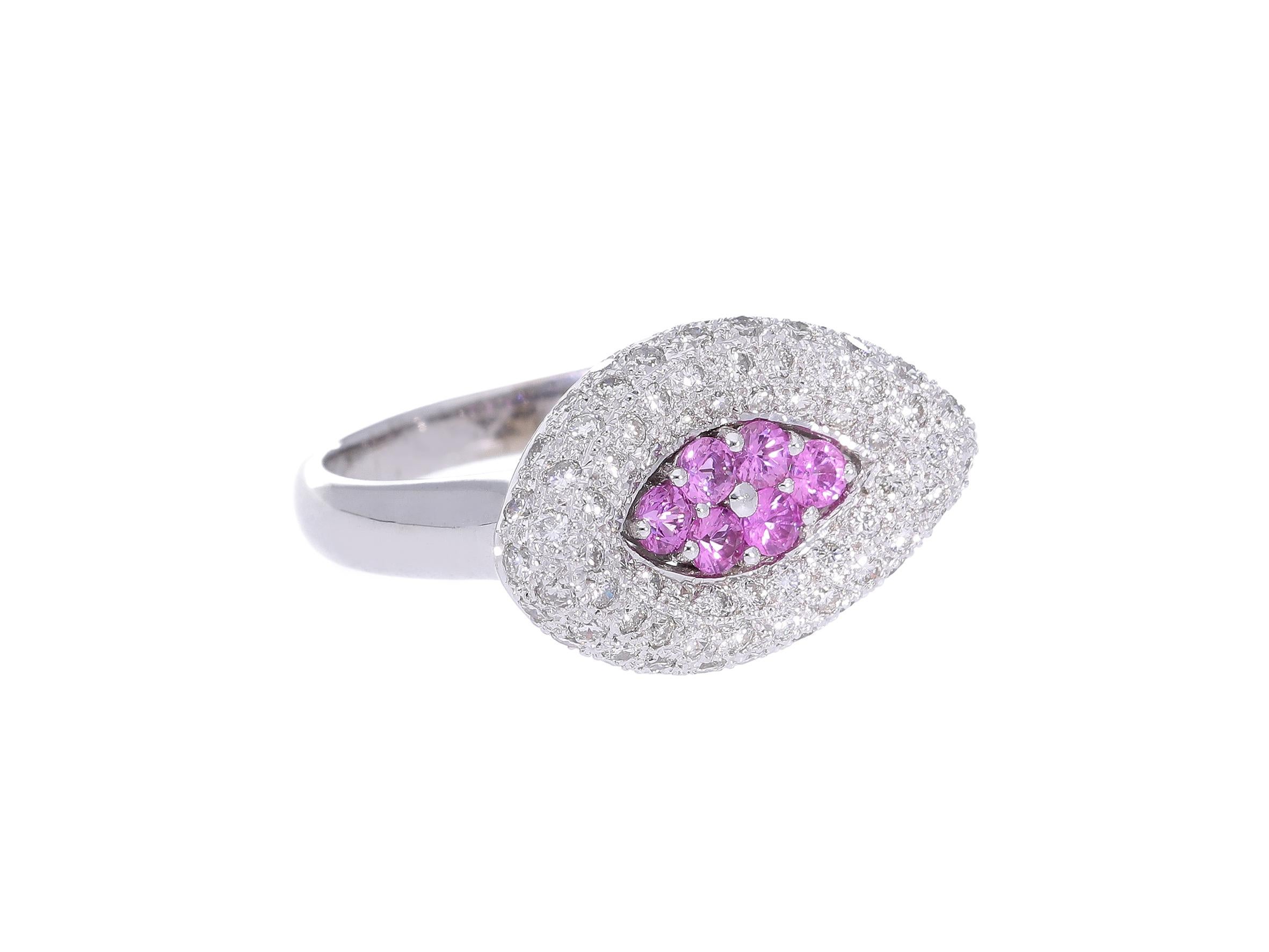 Round Cut Ring with Pink Sapphires and Diamonds in 18kt Gold For Sale