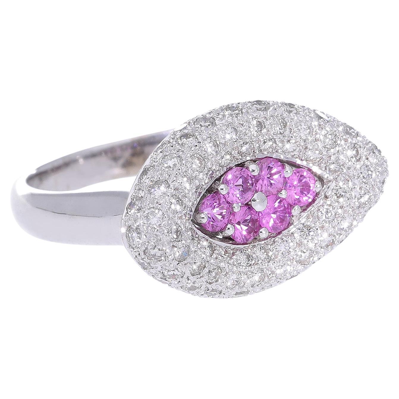 Anillo con Zafiros Rosas y Diamantes en Oro de 18 Kt