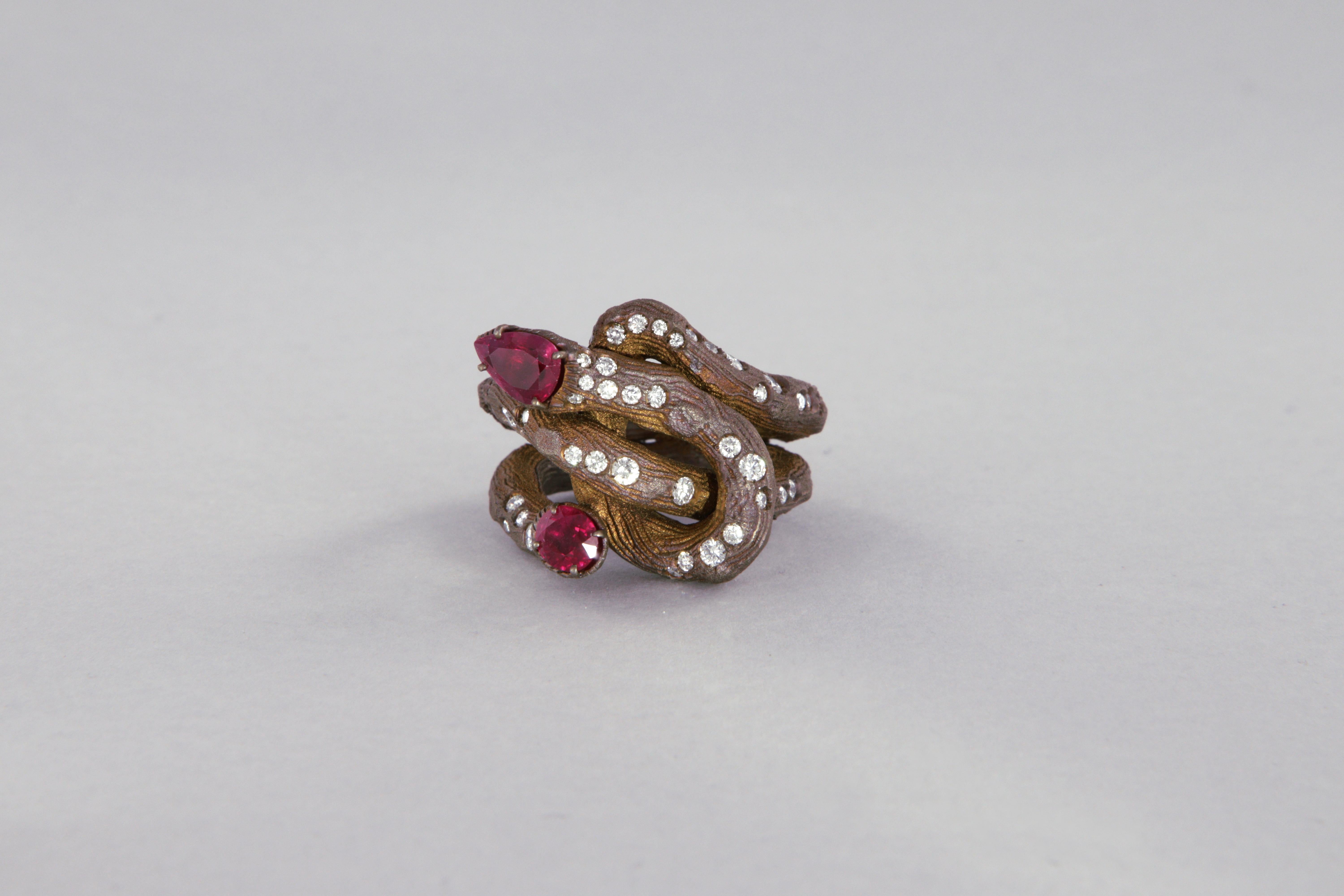 Contemporary grape shoot ring with diamonds and rubies in titanium For Sale 7