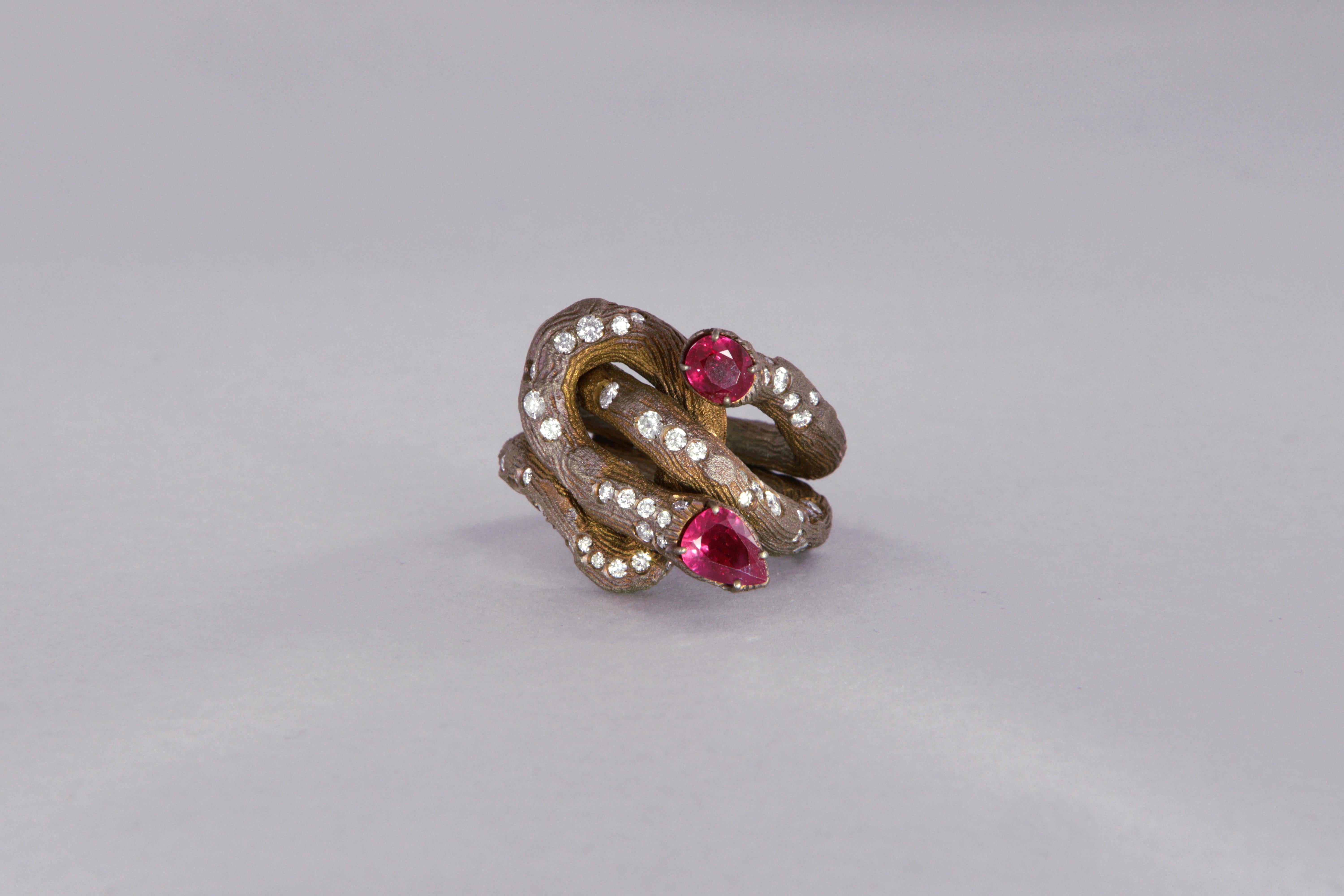 Contemporary grape shoot ring with diamonds and rubies in titanium For Sale 4