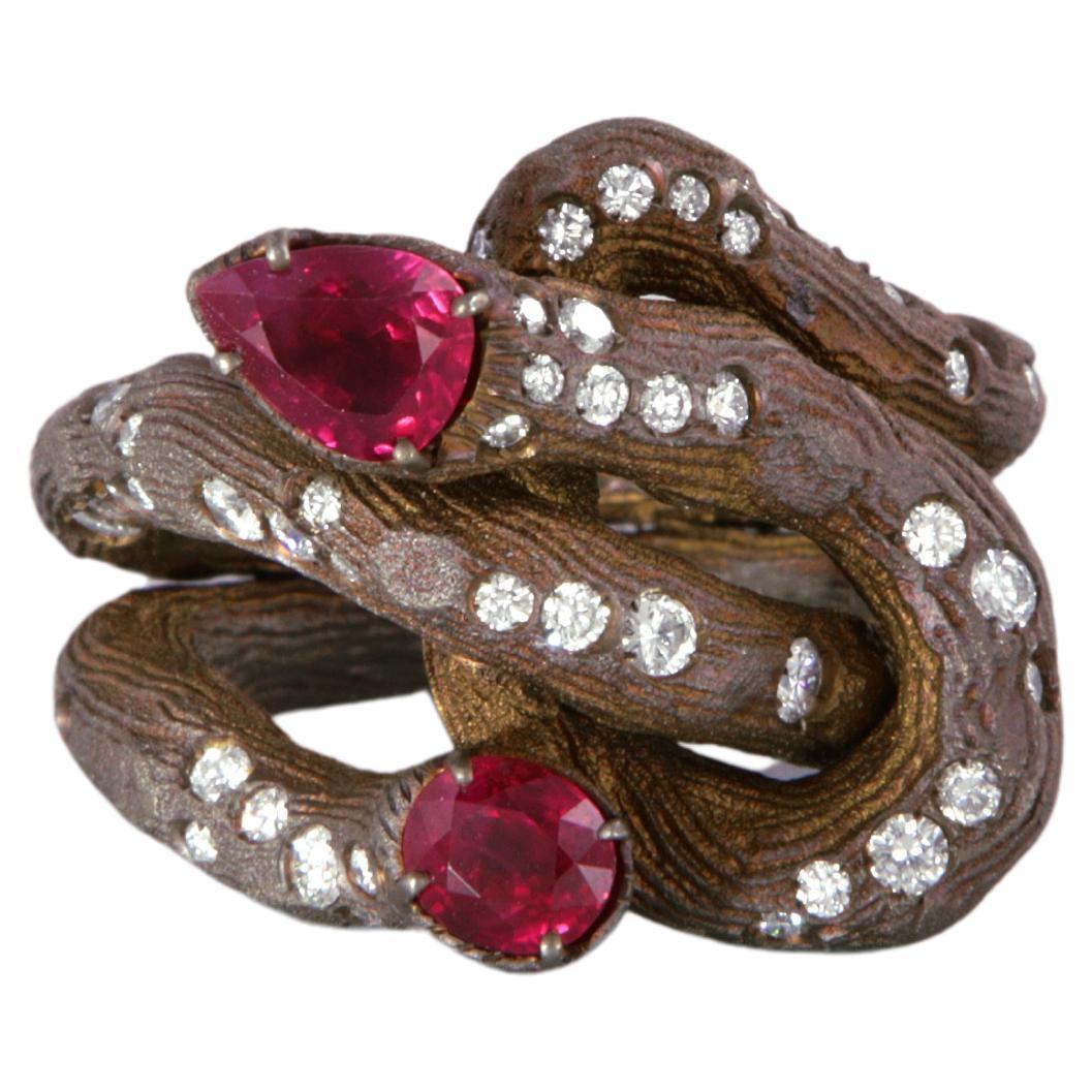 Contemporary grape shoot ring with diamonds and rubies in titanium For Sale