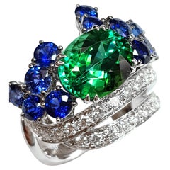 Cocktail ring with Green Tourmaline and Blue Sapphires