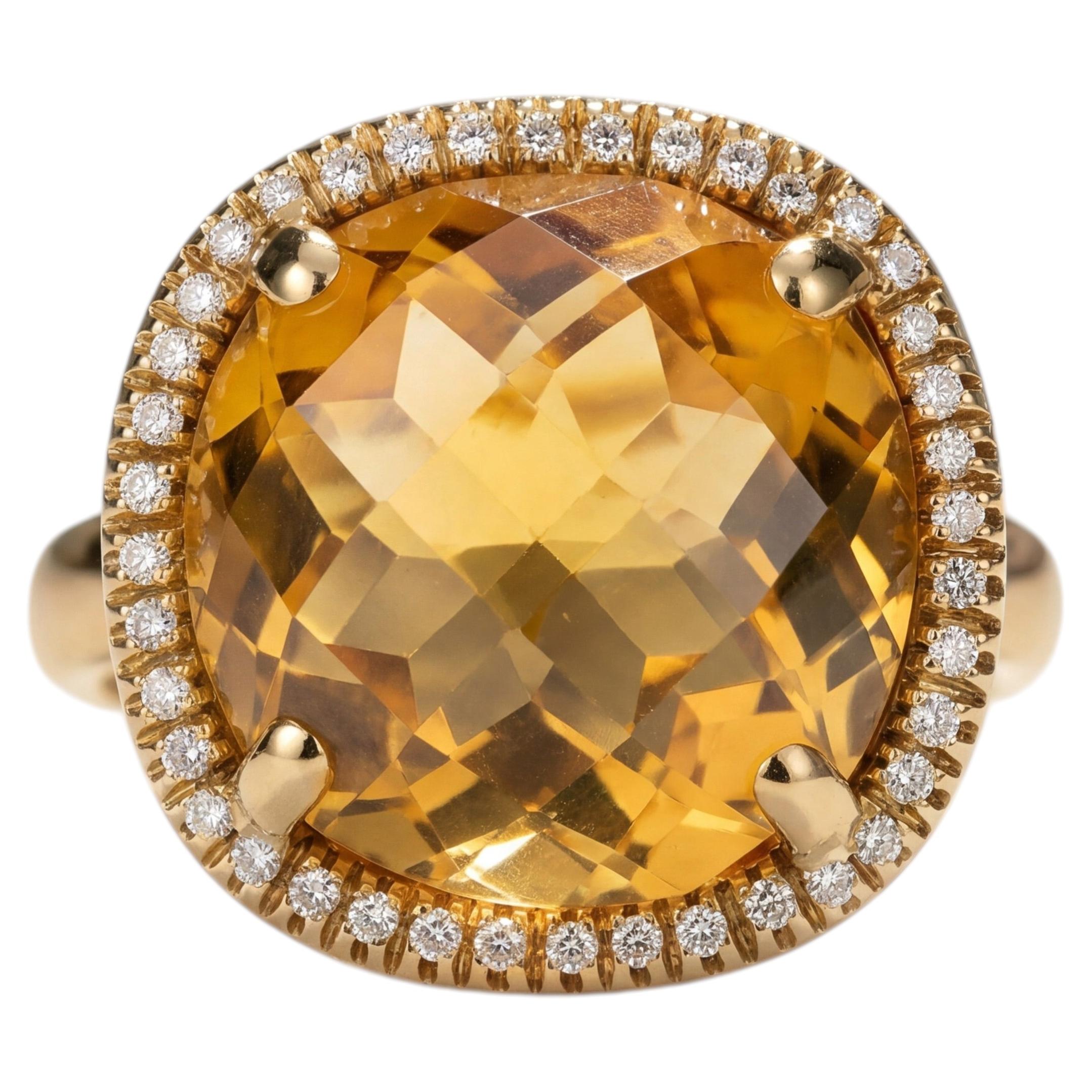 18k Yellow Gold Cocktail Ring with Checkered Citrine Quartz and Diamonds