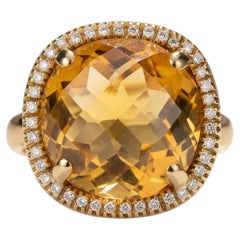18k Yellow Gold Cocktail Ring with Checkered Citrine Quartz and Diamonds