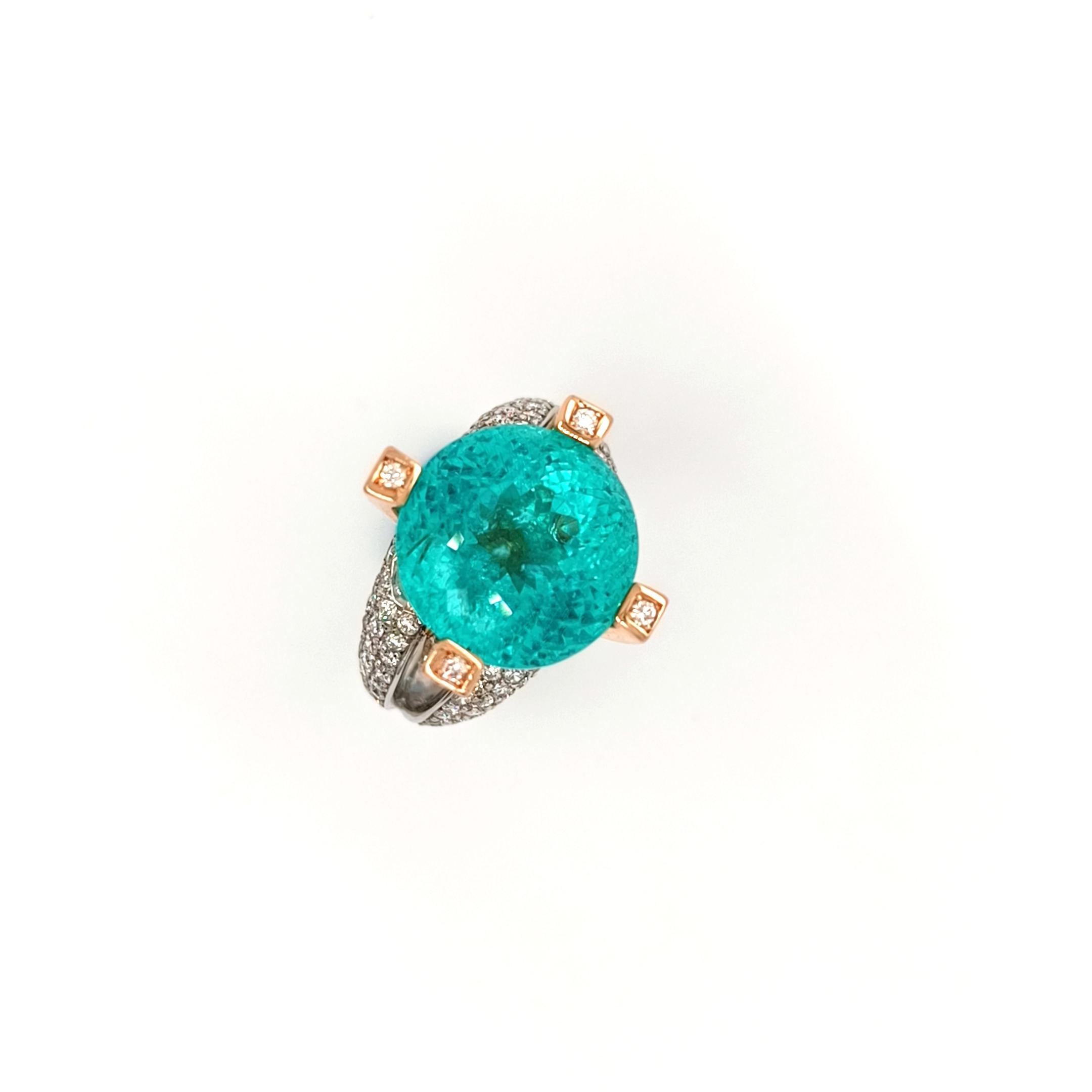 Taglio rotondo Anello di Tormalina Paraiba con Pavé di Paraiba Brasiliana e Diamanti, 24.23 CT