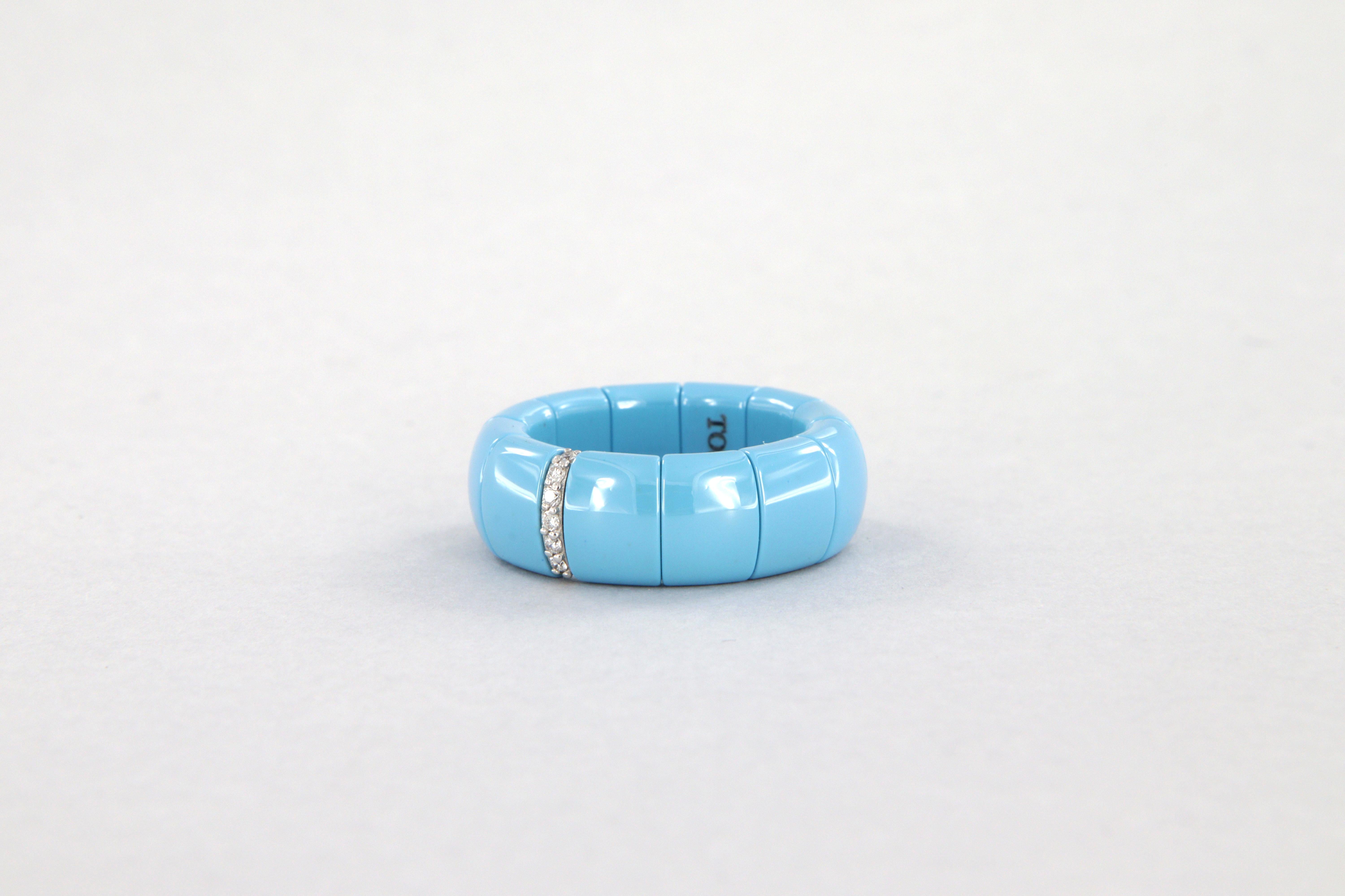 Contemporary Anello estensibile in ceramica tecnica turchese, oro bianco e diamanti