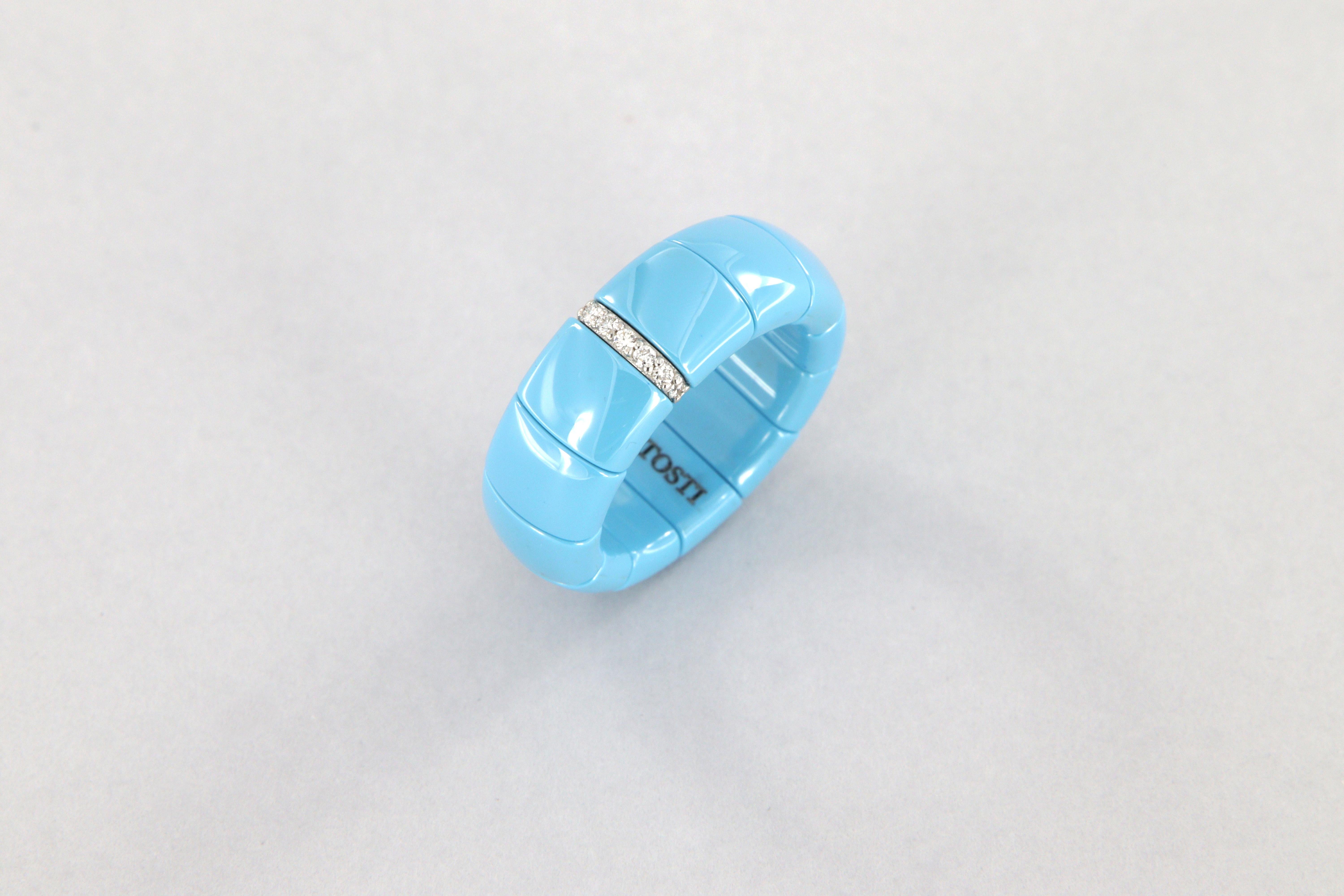 Round Cut Anello estensibile in ceramica tecnica turchese, oro bianco e diamanti