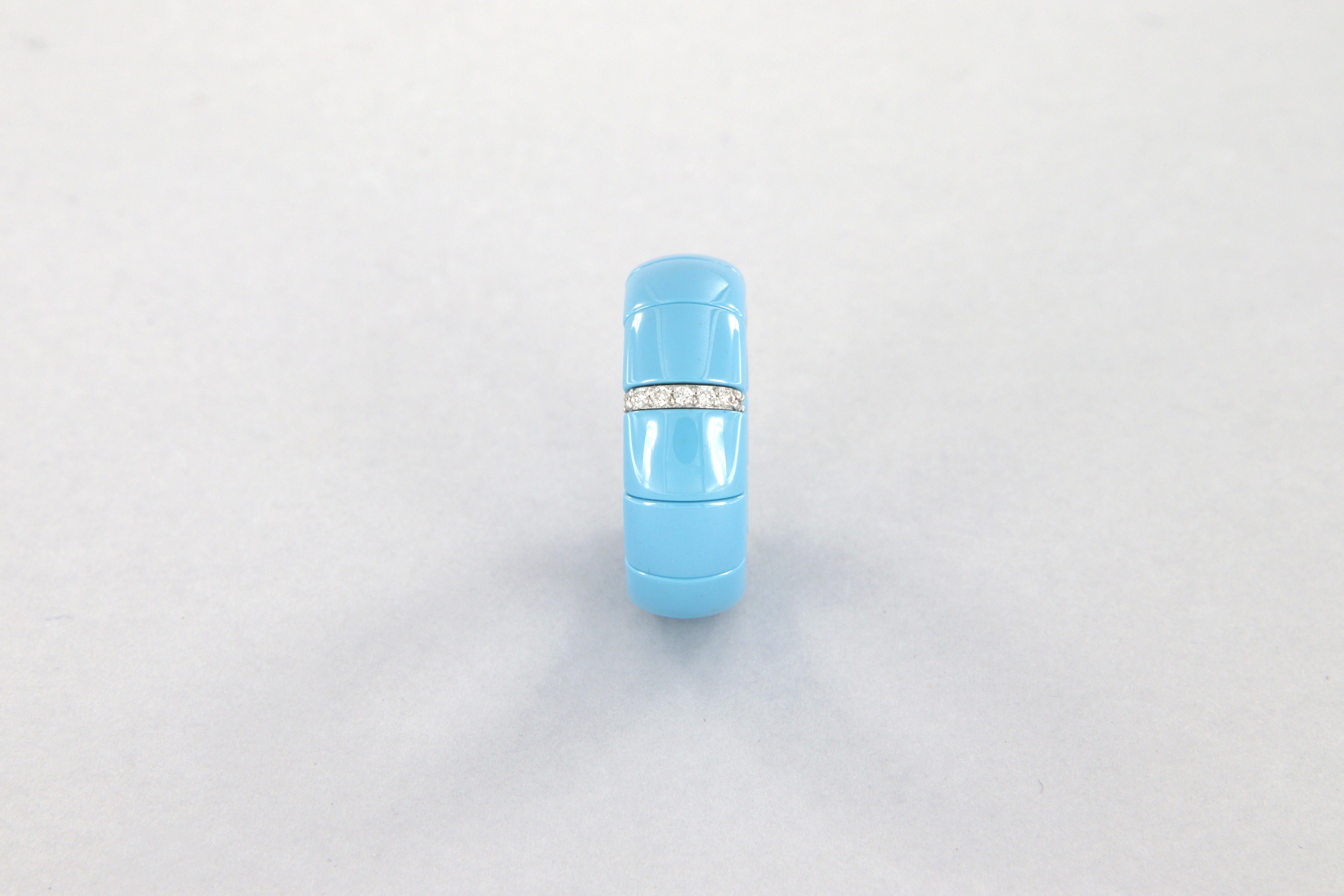 Anello estensibile in ceramica tecnica turchese, oro bianco e diamanti 1