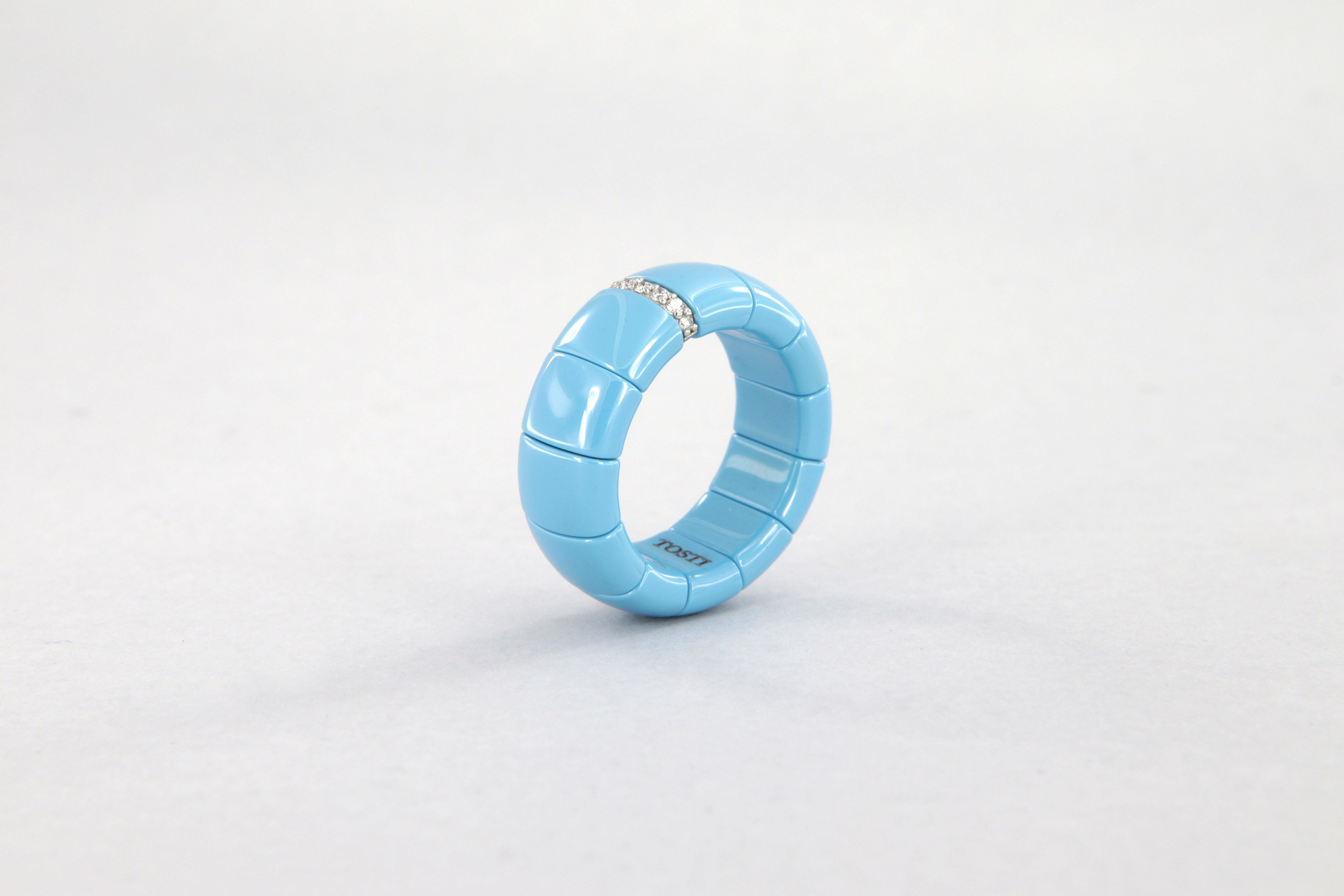 Anello estensibile in ceramica tecnica turchese, oro bianco e diamanti 2
