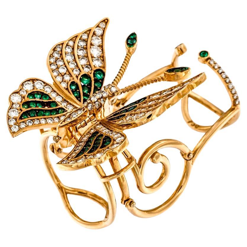 Handmade butterfly ring in 18 kt rose gold with diamonds and emeralds